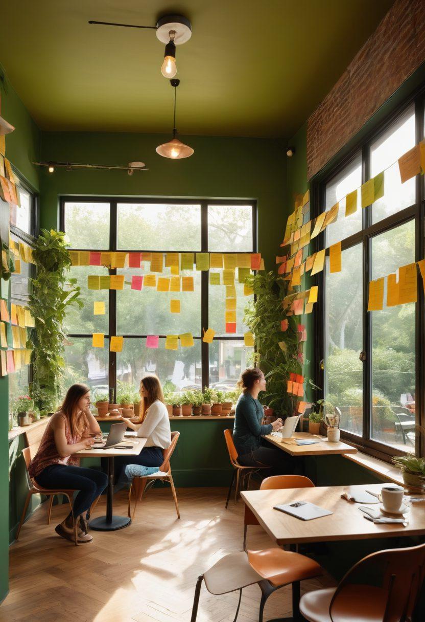 A vibrant brainstorming scene with colorful sticky notes, open laptops, and notebooks filled with creative doodles, all set in a cozy café environment. Light streams through the window, illuminating a diverse group of bloggers engaged in animated discussions, surrounded by inspiring art on the walls. Elements of nature, like plants and coffee cups, enhance the warm atmosphere. super-realistic. vibrant colors. cozy ambiance.