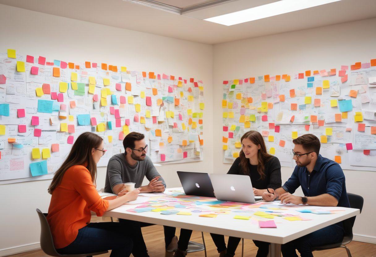 A vibrant brainstorming scene featuring a diverse group of people collaborating around a large table, with colorful sticky notes, laptops, and coffee cups scattered about. In the background, an inspiring wall filled with mind maps and innovative ideas in various styles and colors, showcasing the journey from idea generation to impactful storytelling. The atmosphere is lively and creative, radiating energy and collaboration. super-realistic. vibrant colors. white background.